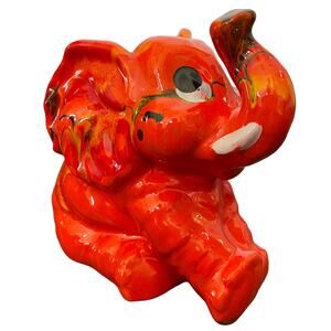 Orange Elephant Figurine Trunk Up Ceramic Retro Funky Drip Glaze Swirl Vintage